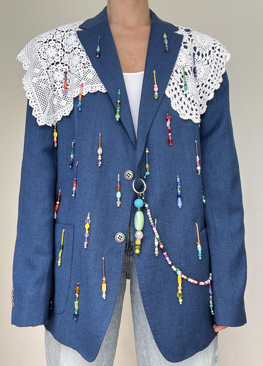 Blue Lace Beaded Blazer