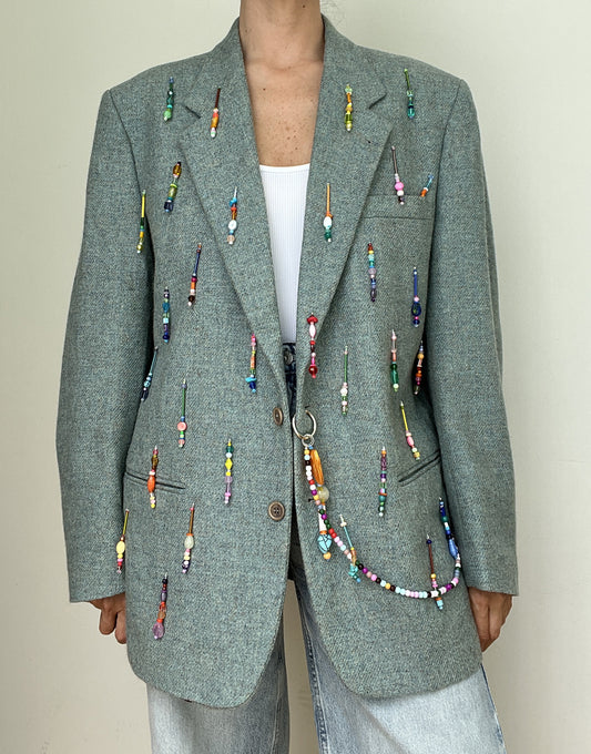 Turquoise Rainbow Beaded Blazer