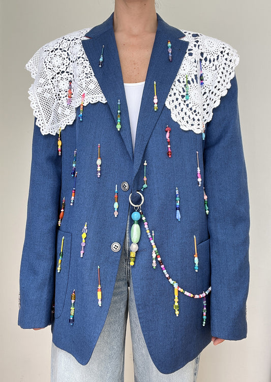 Blue Lace Beaded Blazer