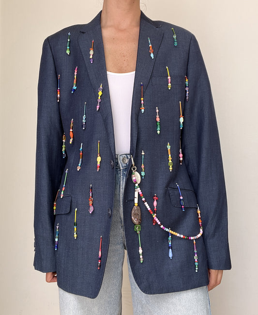 Denim Rainbow Beaded Blazer
