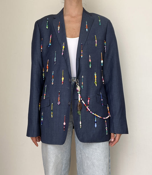 Denim Rainbow Beaded Blazer
